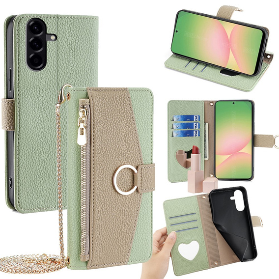 Флип-кейс для Samsung Galaxy A56 5G, Wallet Zipper Pocket, с зеркалом, зелёный