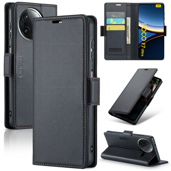 Чохол для Xiaomi Poco F7 Ultra, ERBORD Glossy Litchi, гаманець з клапаном, чорний