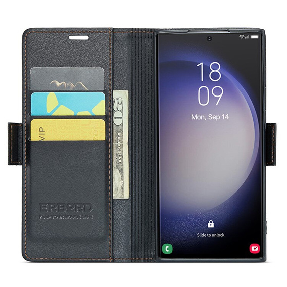 Чехол для Samsung Galaxy S24 Ultra, ERBORD Glossy Litchi, кошелек с клапаном, чёрный