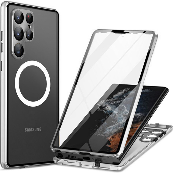 Магнитный чехол с двойным стеклом MagSafe для Samsung Galaxy S22 Ultra, серебряный