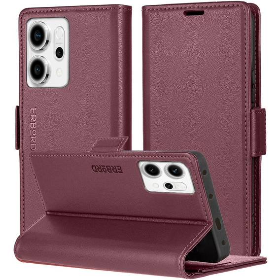 Чехол для Oppo Reno 14, ERBORD Glossy Litchi, кошелек с клапаном, красный