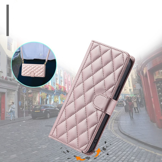 Чохол-сумка для Samsung Galaxy S24 FE, Rhombus Crossbody Leather, рожевий rose gold