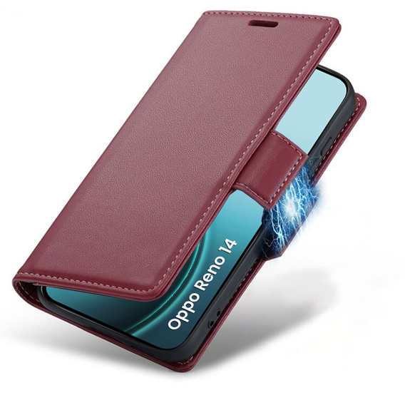 Чехол для Oppo Reno 14, ERBORD Glossy Litchi, кошелек с клапаном, красный