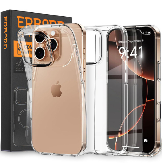Чохол для iPhone 16 Pro Max, ERBORD Slim, прозорий + скло 9H