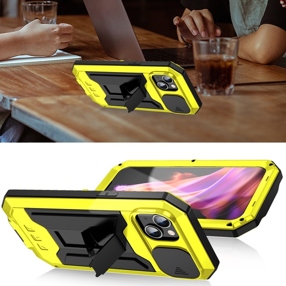 Чехол для iPhone 15, R-JUST CamShield Slide, бронированный, жёлтый / черный