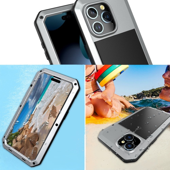 Чехол для iPhone 15, бронированный, со встроенным стеклом, серебряный