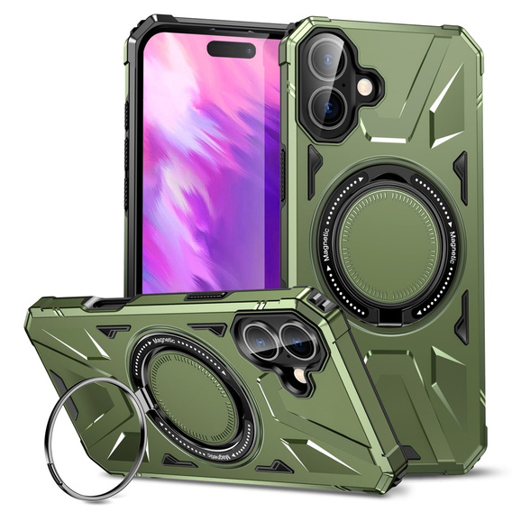 Чехол для iPhone 16, бронированный с подставкой и ручкой-планшетом, зелёный