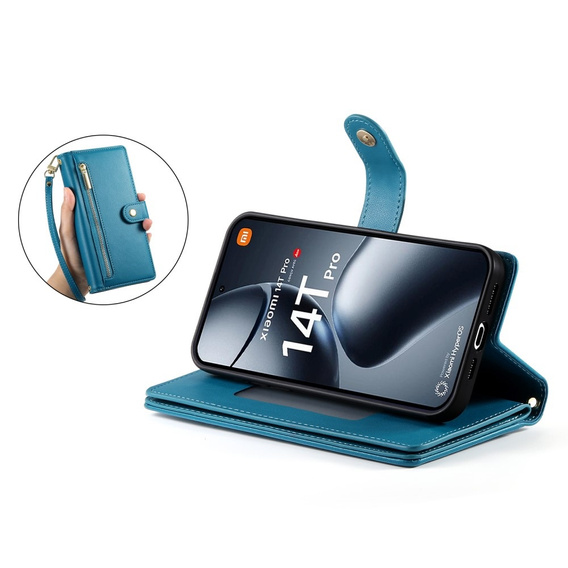 Откидной чехол для Xiaomi 14T Pro, Wallet Zipper Pocket, синий