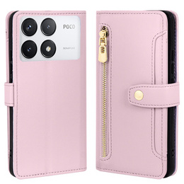 Откидной чехол для Xiaomi Poco F6 Pro, Wallet Zipper Pocket, розовый