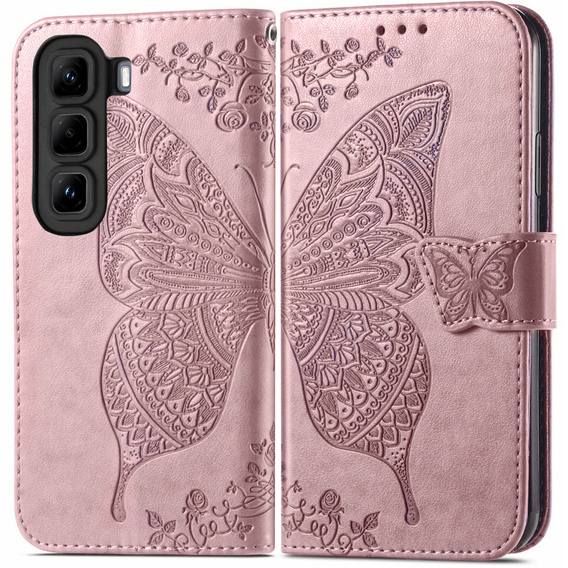 Откидной чехол для Infinix Hot 50 4G, Butterfly, розовый rose gold