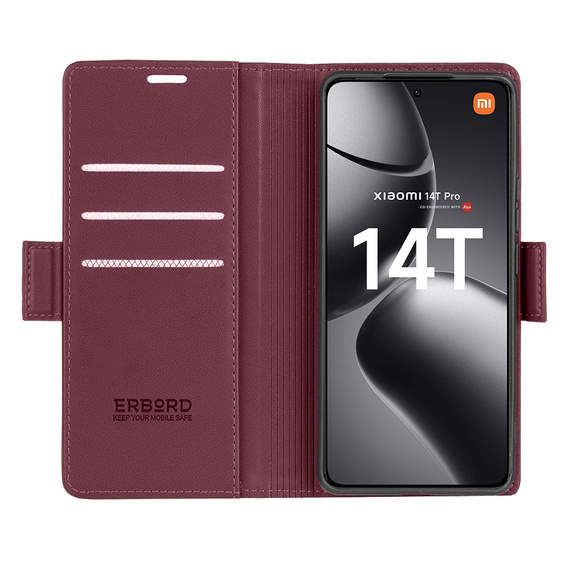 Чехол для Xiaomi 14T Pro, ERBORD Glossy Litchi, кошелек с клапаном, красный