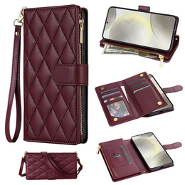 Чохол-сумка для Samsung Galaxy S25 Edge, Rhombus Crossbody Leather, бордовий