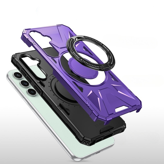 Чехол для Samsung Galaxy A15 5G, бронированный с подставкой и ручкой-планшетом, фиолетовый + 9H стекло