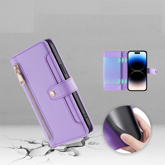 Откидной чехол для iPhone 14 Pro, Wallet Zipper Pocket, фиолетовый