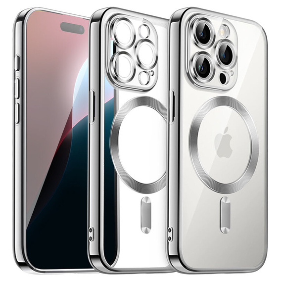 Чехол для iPhone 16 Pro Max, Electro MagSafe, серебряный + стекло для экрана