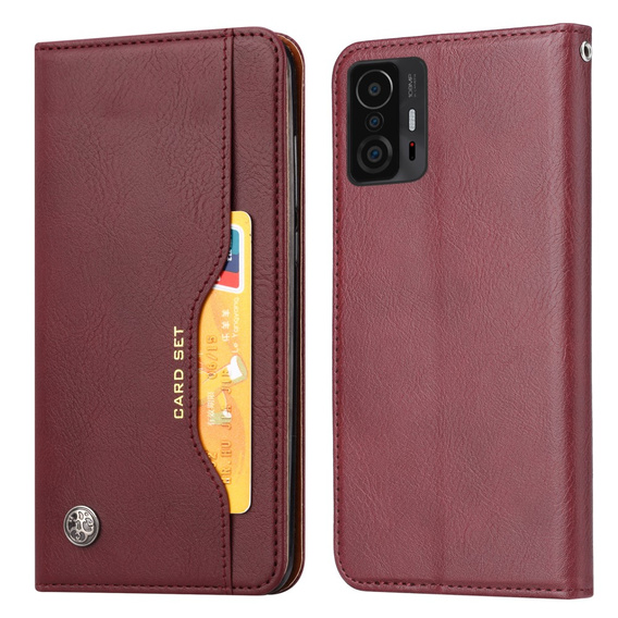  Чехол Wallet до Xiaomi 11T / 11T Pro, Outer Card Slot, Wine Red