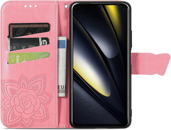 Откидной чехол для Xiaomi Poco F6, Butterfly, розовый rose gold