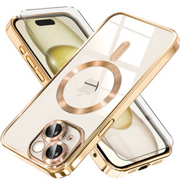 Чехол для iPhone 15, Electro MagSafe, золотой + стекло для экрана