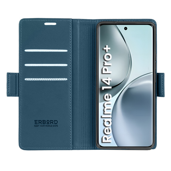 Чехол для Realme 14 Pro+ 5G, ERBORD Glossy Litchi, кошелек с клапаном, синий