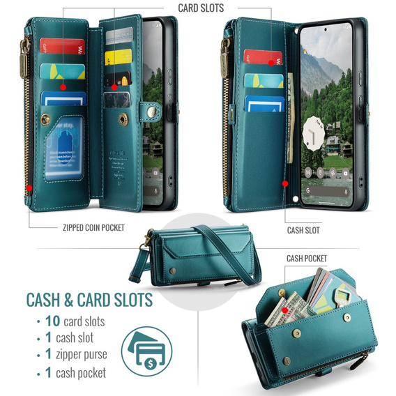 Чехол CASEME для Samsung Galaxy A56 5G, RFID Leather Wallet, с плечевым ремнем, зелёный