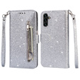 Откидной чехол для Samsung Galaxy A55, Wallet Zipper Pocket Glittery, серебряный