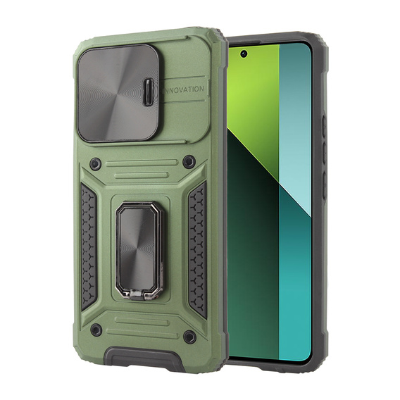 Бронированный чехол для Xiaomi Redmi Note 13 Pro 5G, CamShield Slide, зелёный + закаленное стекло 9H