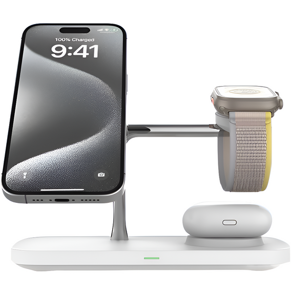 Індуктивний зарядний пристрій Qi2 3в1 15 Вт для iPhone / Apple Watch / Airpods / Galaxy / Galaxy Watch / Galaxy Buds, білий