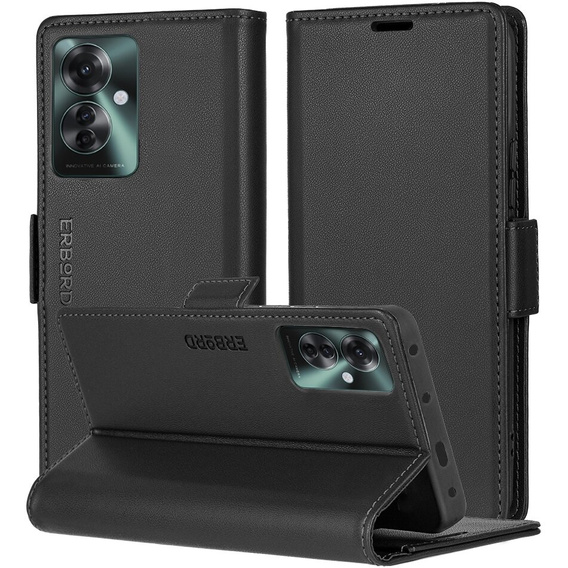 Чехол для Oppo Reno 11F, ERBORD Glossy Litchi, кошелек с клапаном, чёрный