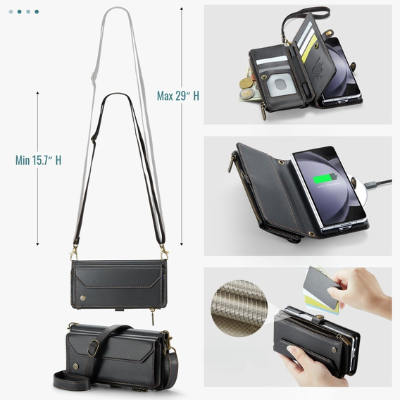 Чехол CASEME для Samsung Galaxy Z Fold6 5G, RFID Leather Wallet, с плечевым ремнем, чёрный