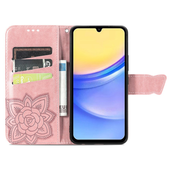 Откидной чехол для Samsung Galaxy A15, Butterfly Flower, розовый rose gold + 9H стекло  