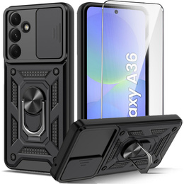 Бронированный чехол для Samsung Galaxy A36, CamShield Slide, чёрный + закаленное стекло 9H