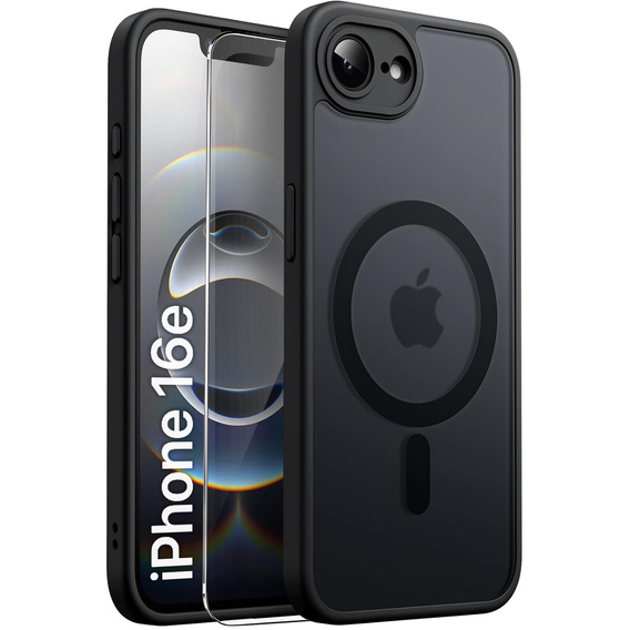 Чехол для iPhone 16E, для MagSafe, ERBORD Matt Case, чёрный + стекло для экрана