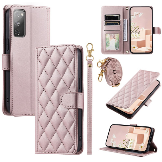 Чохол-сумка для Samsung Galaxy S20 FE, Rhombus Crossbody Leather, рожевий rose gold