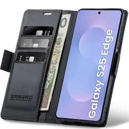 Чехол для Samsung Galaxy S25 Edge, ERBORD Glossy Litchi, кошелек с клапаном, чёрный