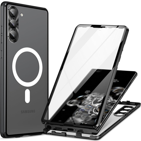 Магнитный чехол с двойным стеклом MagSafe для Samsung Galaxy S23+ Plus, чёрный