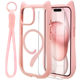 Чохол для iPhone 13 / iPhone 14, для MagSafe, Cute Cat, рожевий + захисне скло