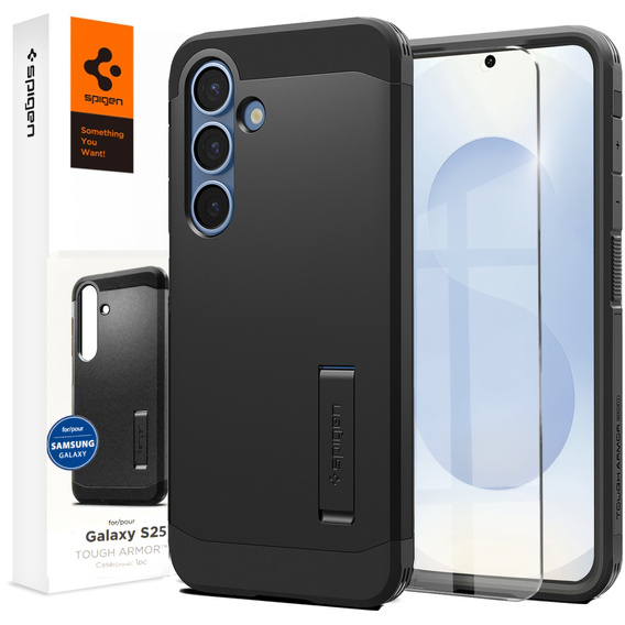 Чехол Spigen для Samsung Galaxy S25, Tough Armor Mag MagSafe, чёрный + закаленное стекло 9H