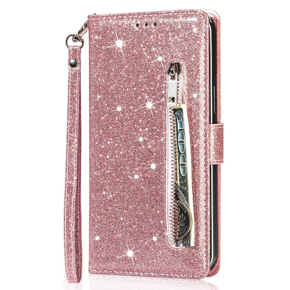 Откидной чехол для Samsung Galaxy A36 5G, Wallet Zipper Pocket Glittery, розовый rose gold