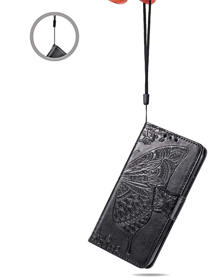 Откидной чехол для Motorola Moto E14, Butterfly, чёрный