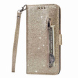 Откидной чехол для Samsung Galaxy S24 Ultra, Wallet Zipper Pocket Glittery, золотой