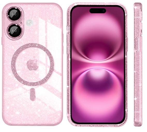 Чехол для iPhone 16, ERBORD Glitter MagSafe, розовый + стекло для экрана