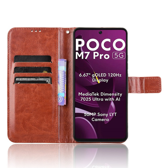 Футляр з клапаном для Xiaomi Poco M7 Pro 5G, Crazy Horse Wallet, коричневий