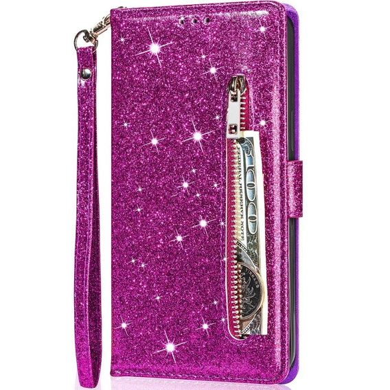Откидной чехол для Samsung Galaxy A55, Wallet Zipper Pocket Glittery, фиолетовый