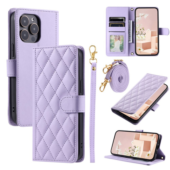 чехол-крышка для iPhone 16 Pro Max, Rhombus Crossbody Leather, фиолетовый