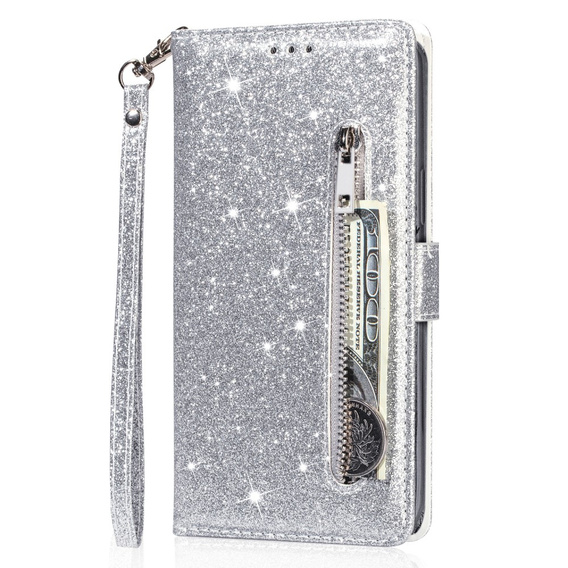 Откидной чехол для Samsung Galaxy A36 5G, Wallet Zipper Pocket Glittery, серебряный