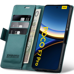 Чехол для Xiaomi Poco F7 Pro, ERBORD Glossy Litchi, кошелек с клапаном, зелёный