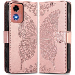 Откидной чехол для Motorola Moto E14, Butterfly, розовый rose gold