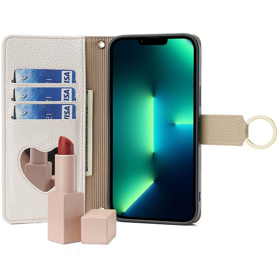 Флип-кейс для iPhone 15 Pro, Wallet Zipper Pocket, с зеркалом, белый