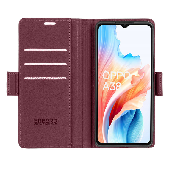 Чехол для Oppo A18 4G / A38 4G, ERBORD Glossy Litchi, кошелек с клапаном, красный