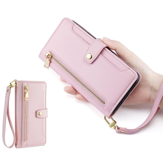 Откидной чехол для Xiaomi Poco F6 Pro, Wallet Zipper Pocket, розовый